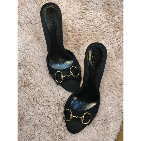 Gucci Shoes - Gucci Horsebit GG Monogram Canvas Mules Black Stiletto Sandals 138703 Size 38.5